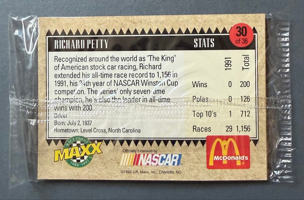 Richard Petty NASCAR vintage McDonald’s All Star race team 1992 card pack